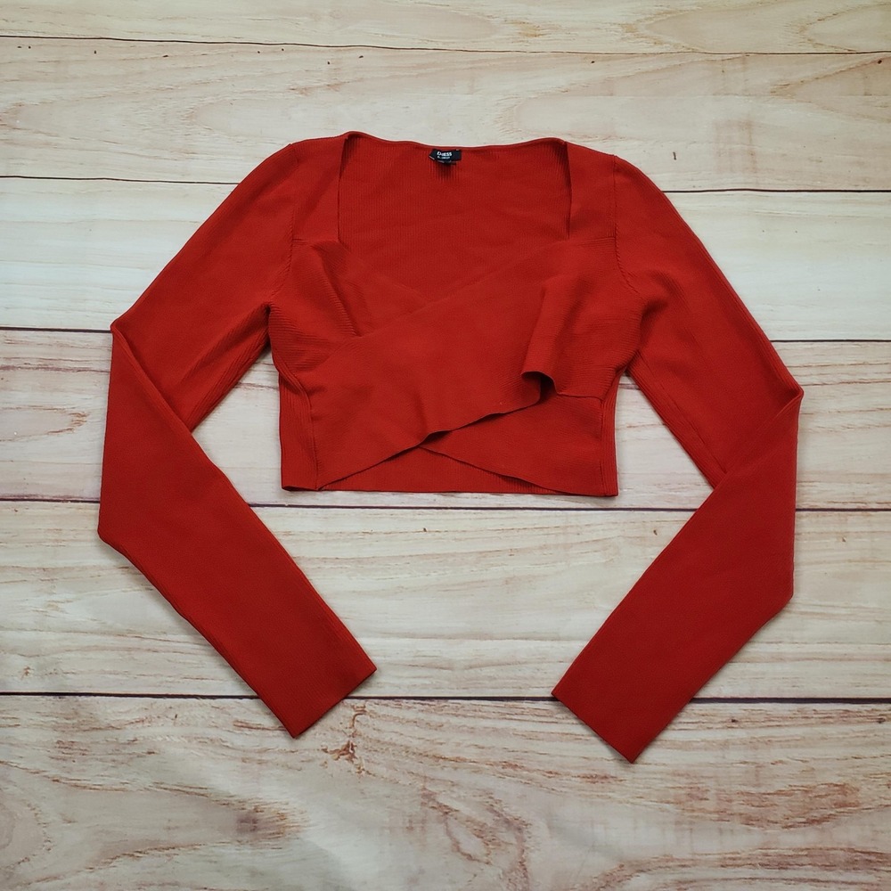 Express Body Contour Sweater Womens‎ Large Red Ribbed Wrap Long Sleeve Cropped